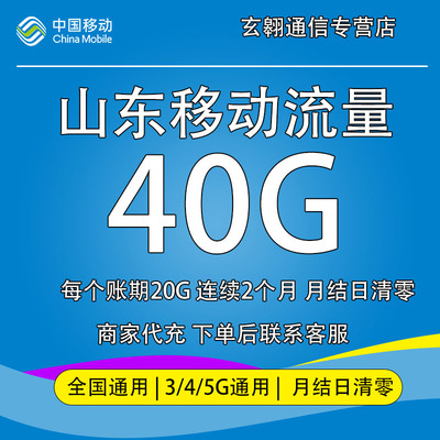 山东移动流量充值40G中国移动流量加油包全国通用流量包20G*2个月