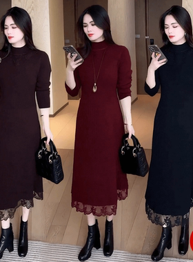 高档针织连衣裙女装秋冬新款中长款蕾丝过膝拼接气质打底毛衣裙子