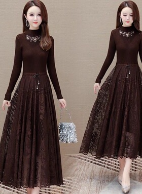 时尚拼接假两件蕾丝连衣裙秋冬新款中年妈妈高端洋气显瘦打底裙子
