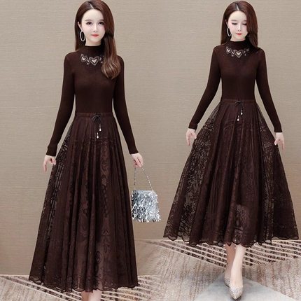时尚拼接假两件蕾丝连衣裙秋冬新款中年妈妈高端洋气显瘦打底裙子