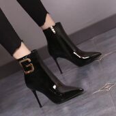 性感金属黑色韩版 尖头高跟鞋 细跟短靴女秋冬新款 百搭马丁靴