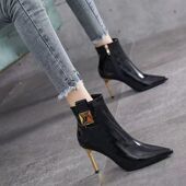 秋冬季 欧美漆皮尖头高跟鞋 女细跟加绒黑色短靴性感短筒女靴