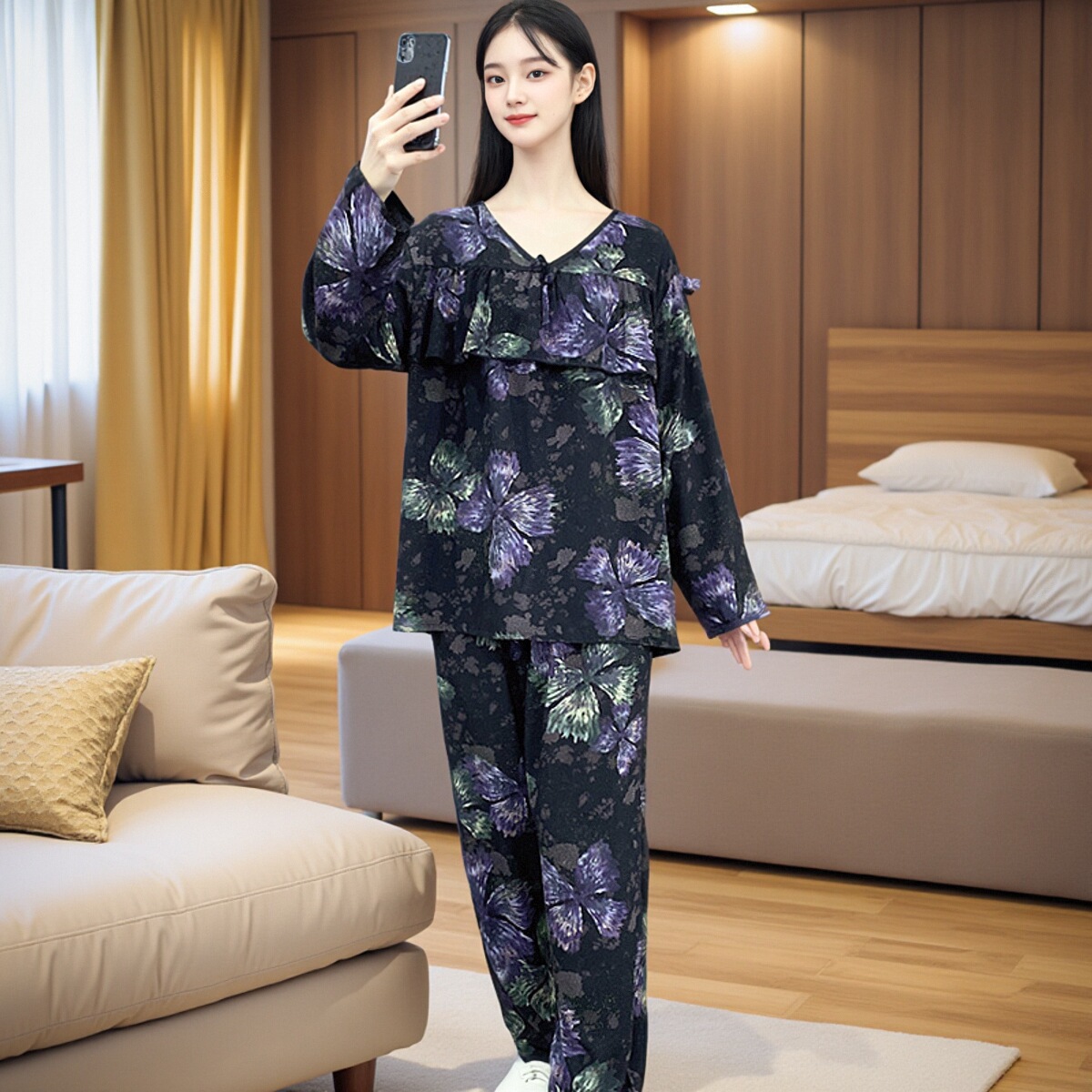 春夏季新款防凸点不带胸垫棉绸睡衣女可外穿家居服人造棉套装Y157