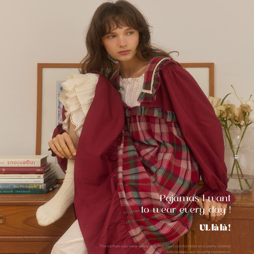 Ullala韩国乌拉拉进口甜美格子睡裙女纯棉家居服秋冬长裙复古休闲