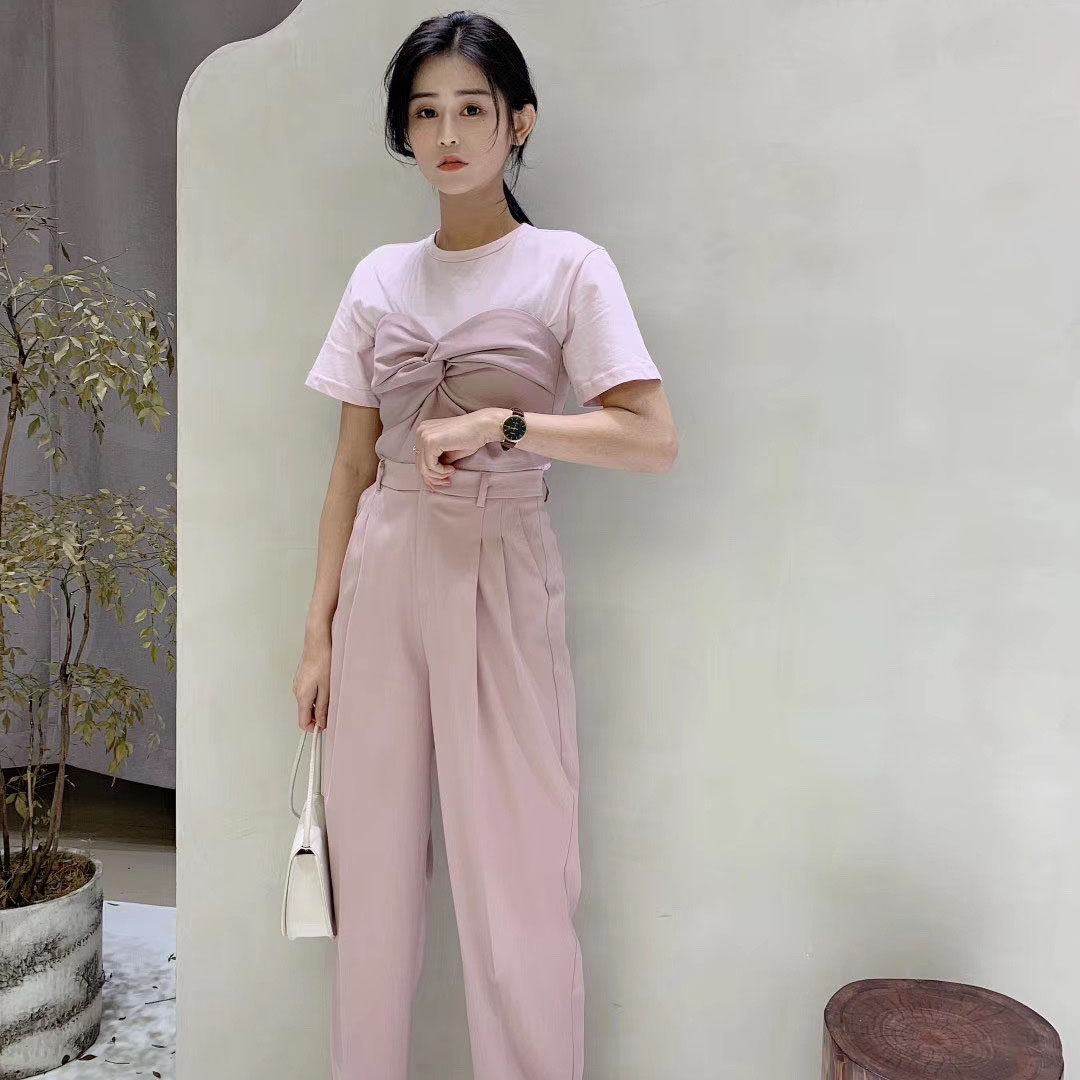 清仓2025年夏季通勤短袖T恤+抹胸+西装面料长裤三件套时尚套装女