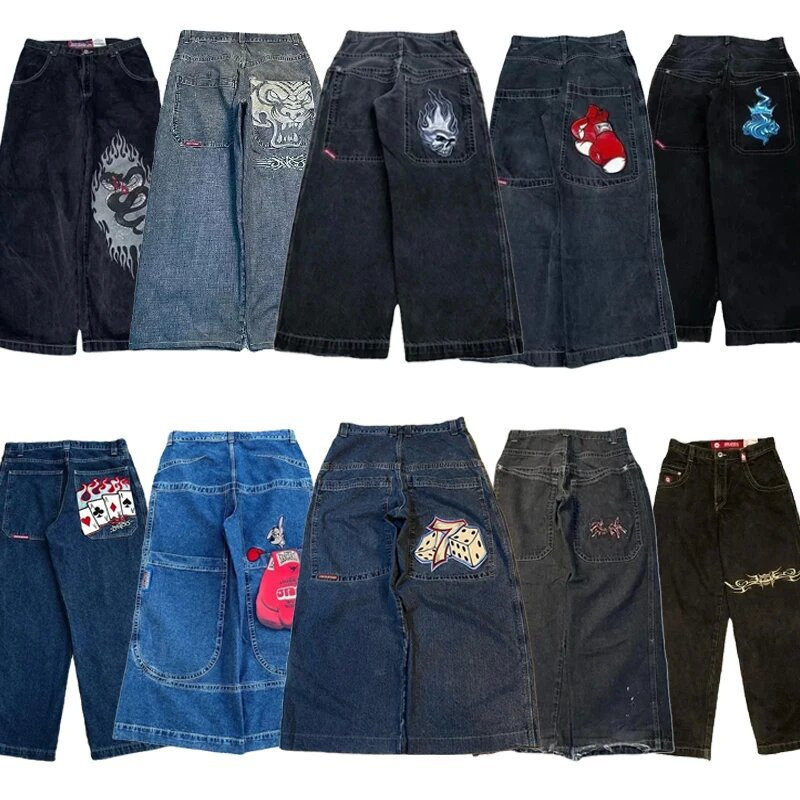 男士牛仔裤Y2K Bag复古JNCO图案嘻哈街头休闲男士原宿宽松长裤子