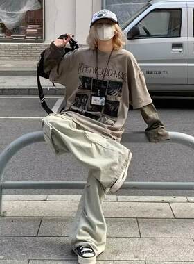 跨境2026美式复古迷彩拼接假两件长袖t恤男女秋街头风薄款卫衣潮