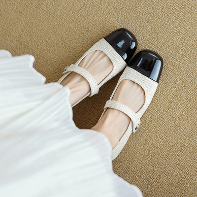 669-11小香风玛丽珍鞋女黑白拼色粗跟法式气质浅口单鞋