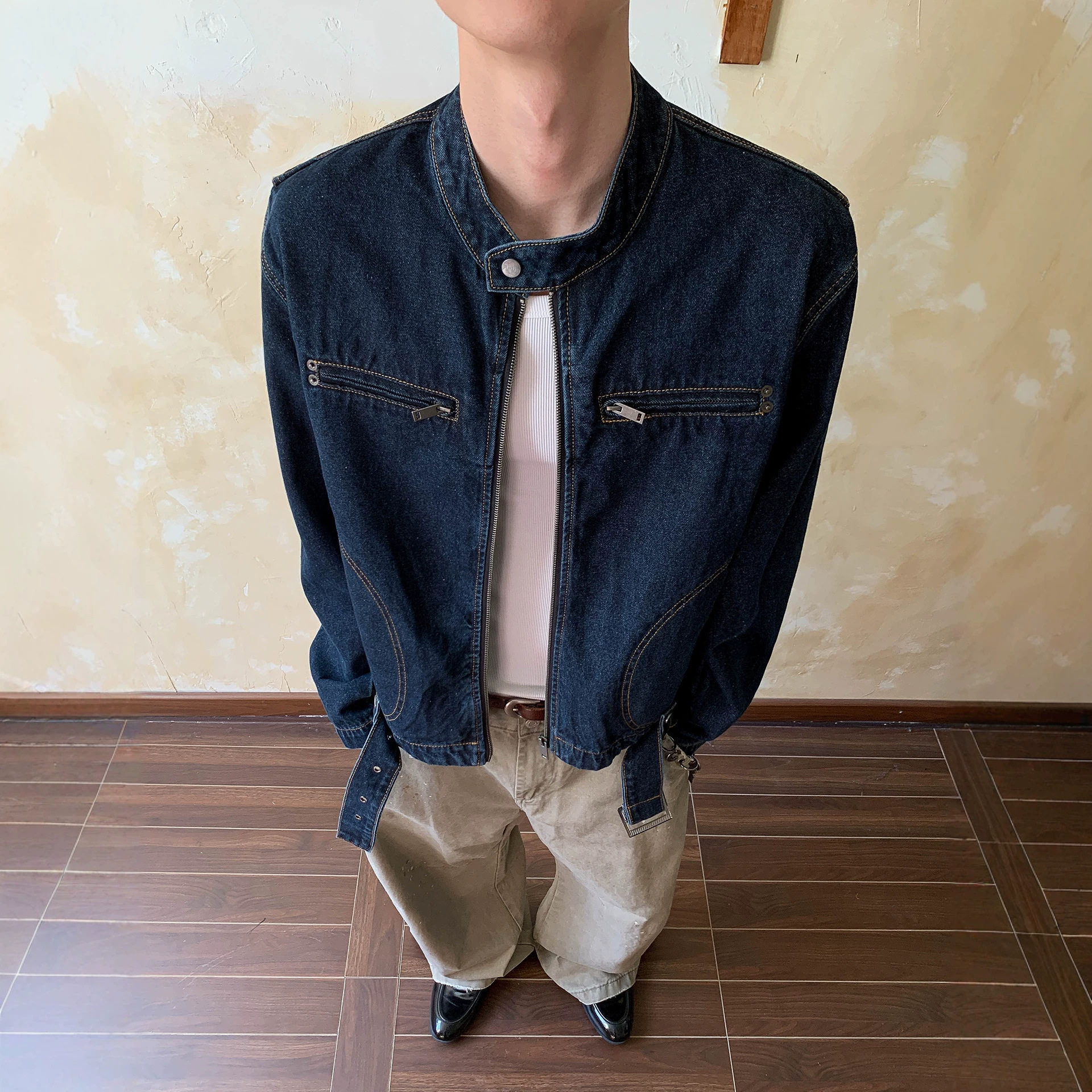 高街复古风潮流机车牛仔夹克男女春秋季立领街头百搭工装短款外套