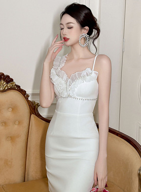白色礼服裙2024夏装新款名媛设计感木耳边领口收腰包臀连衣裙9671
