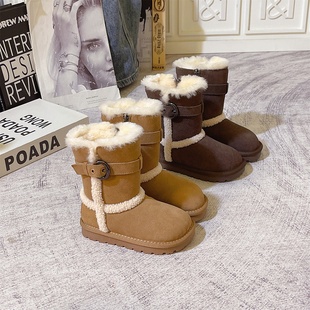 2025冬季 儿童雪地靴中筒加厚真皮保暖防滑男童女童大棉靴冬靴 新款