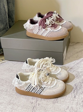 2026年春季新款女童德训鞋韩版时尚珍珠甜美蕾丝网面透气板鞋软底