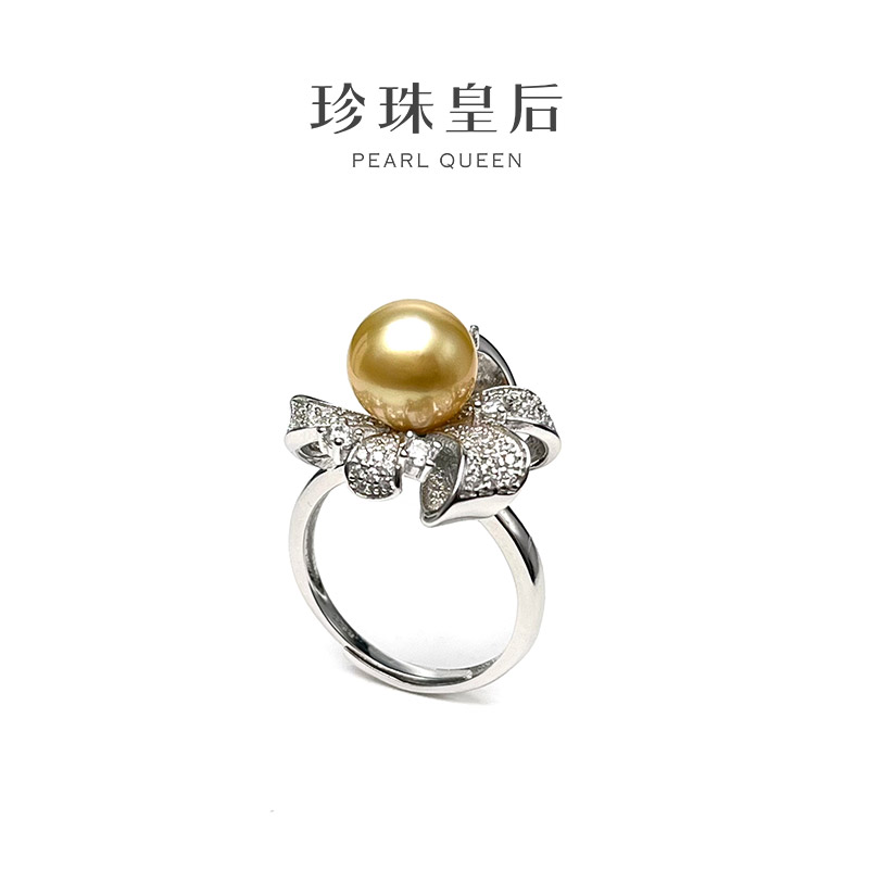 【珍珠皇后】流光花卉S925银菲律宾海水金珍珠戒指（9-10mm）