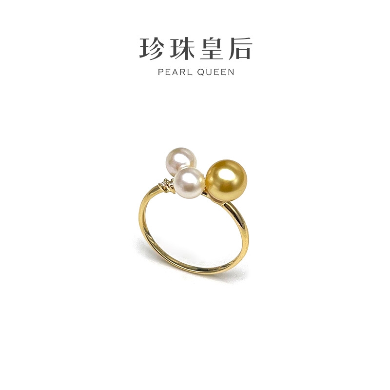 【珍珠皇后】18K金菲律宾海水金珠+Akoya三珠戒指（珠径4-7mm）
