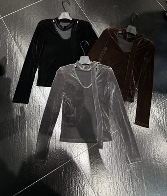 DUDU 2025秋冬新款时尚V领飘带垫肩显瘦丝绒长袖洋气打底衫上衣