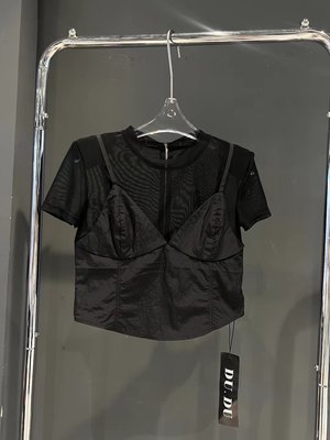 DUDU新款夏季韩版气质性感小心机镂空透视网纱拼接短袖假两件上衣