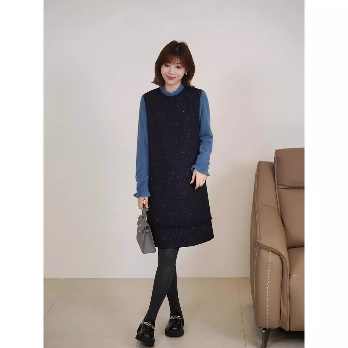 爵莱菲大码冬季绵羊毛混纺呢料通勤假两件连衣裙显瘦胖mm遮肚子