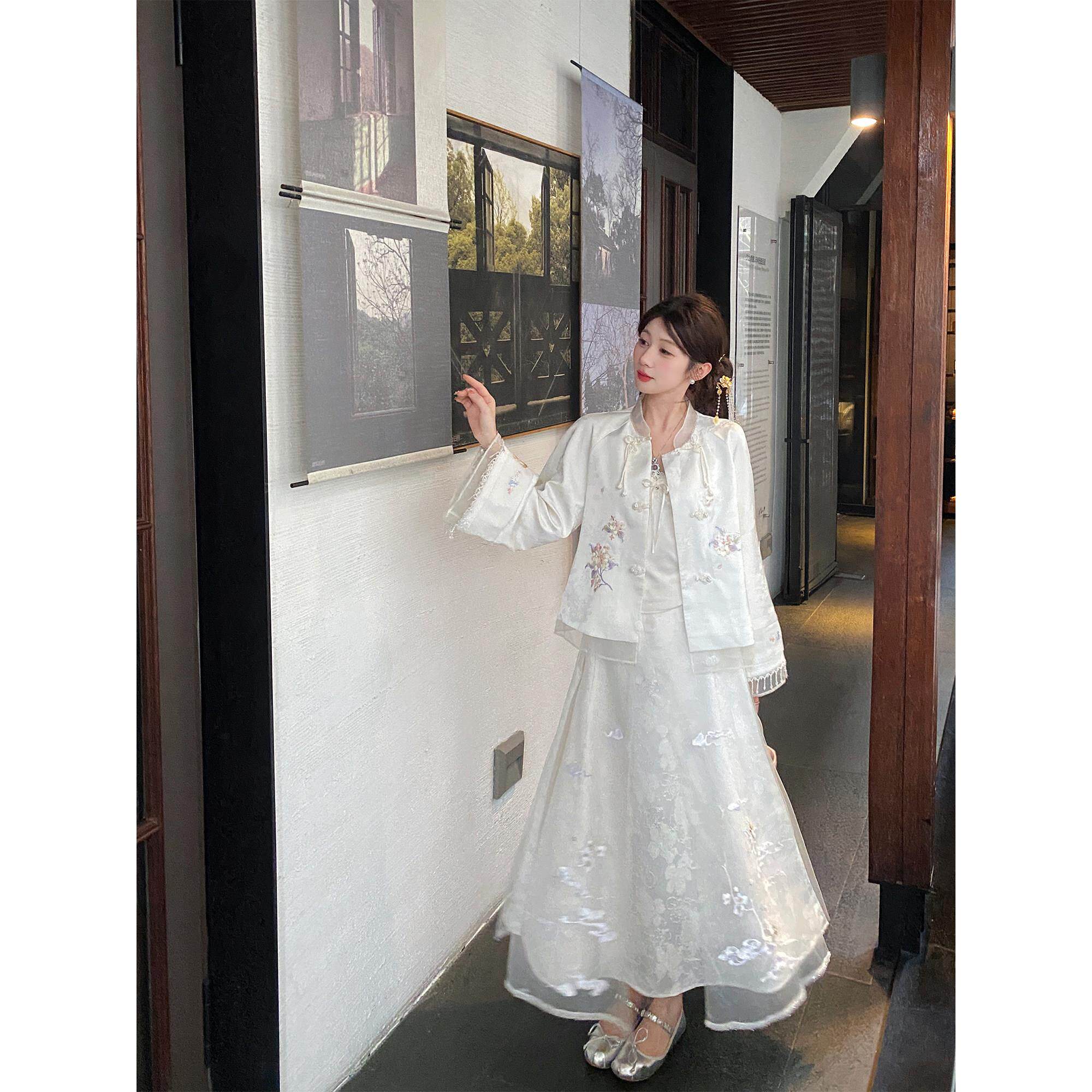 爵莱菲大码新中式半身裙女春新款高级国风刺绣白色网纱裙2026