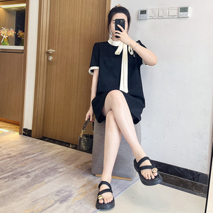 小香风简约撞色蝴蝶结系带短袖连衣裙女夏季气质宽松显瘦大码胖mm