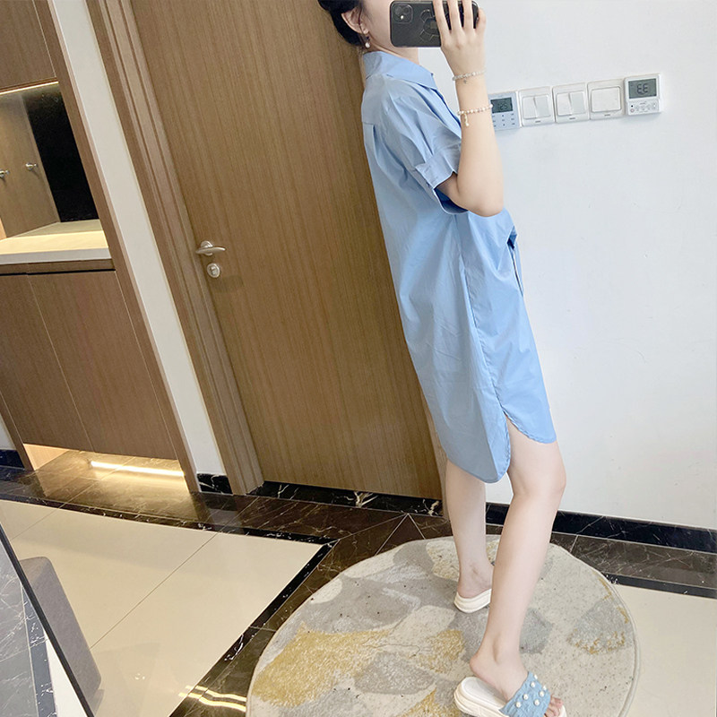 蓝色韩式休闲夏季大码女装衬衫连衣裙胖mm遮肚显瘦宽松2024年新款