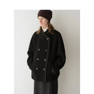 爵莱菲大码10%羊绒羊毛双面立绒游牧皮袢包边双排扣短款大衣外套