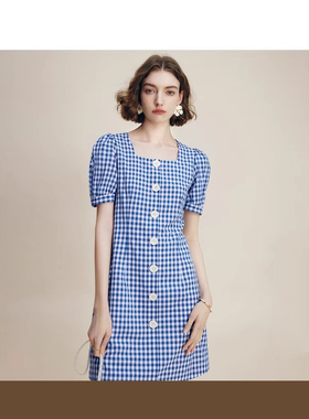 爵莱菲大码蓝色格子泡泡袖方领连衣裙女2025夏季新款设计感通勤