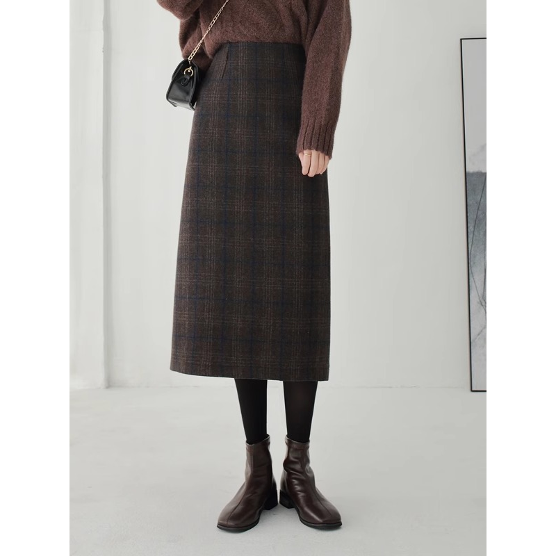 爵莱菲大码羊毛呢半身裙女冬季2025新款中长款高腰复古格子a字裙