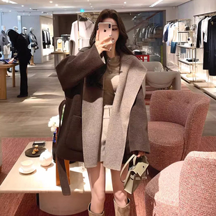 爵莱菲大码 浴袍大衣羊绒真丝羊毛羊毛羊绒双面穿撞色连帽浴袍胖mm