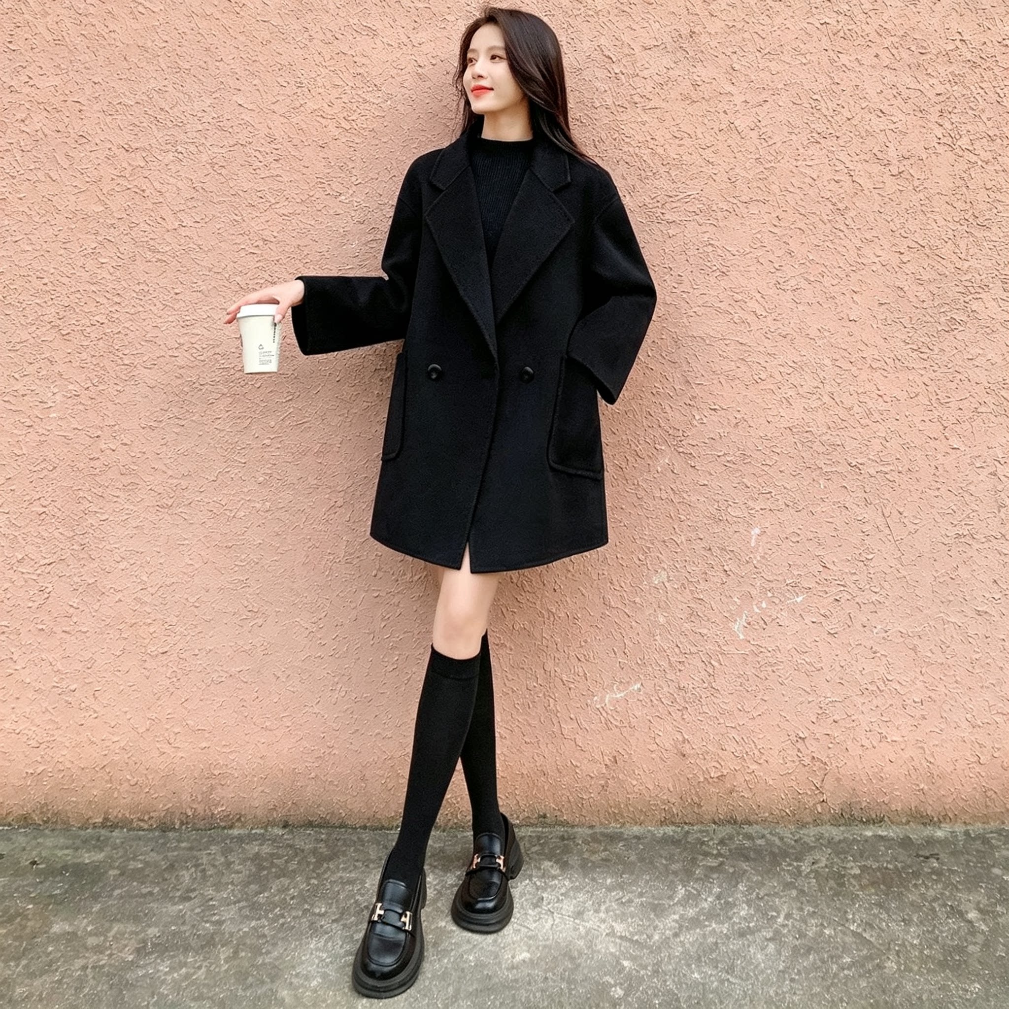 爵莱菲大码女装双面羊绒大衣韩系宽松高级感黑色赫本风羊毛呢外套图片
