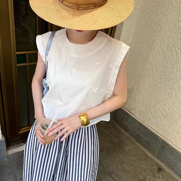 爵莱菲大码女装立体刺绣 蝴蝶结 遮手臂 显瘦 圆领 无袖上衣 衬衫