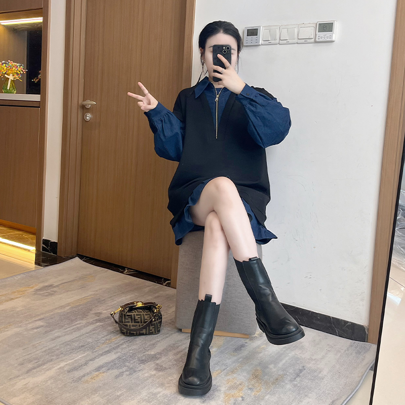 2024秋冬季新款大码假两件女装时尚裙子牛仔拼接长袖打底连衣裙女