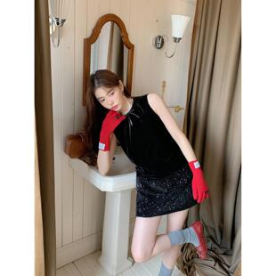 爵莱菲大码丝绒亮片背心连衣裙黑色法式A字无袖短裙秋冬年会战袍