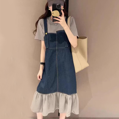爵莱菲大码胖mm假两件牛仔拼接连衣裙女夏季新款欧货中长款背带裙