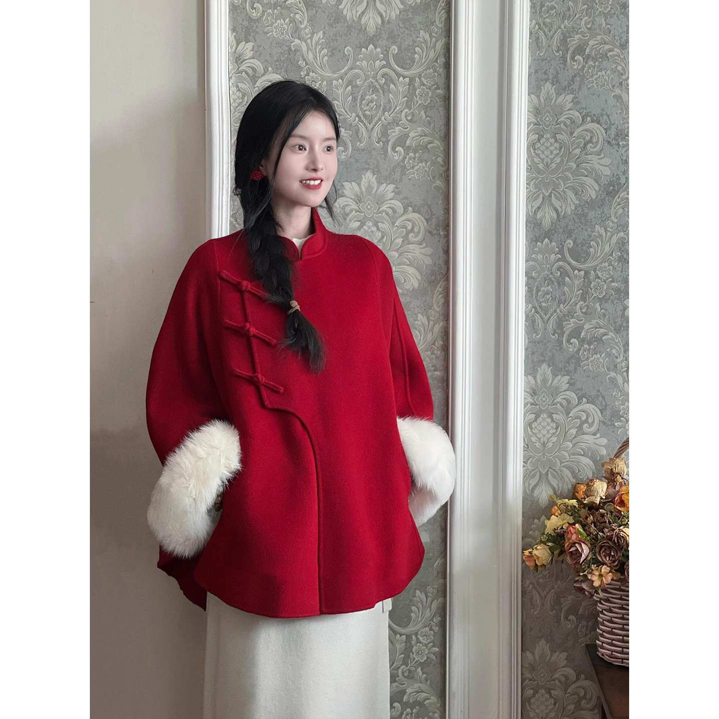 爵莱菲大码新中式红色双面羊毛斗篷大衣女高级感千金名媛狐狸毛