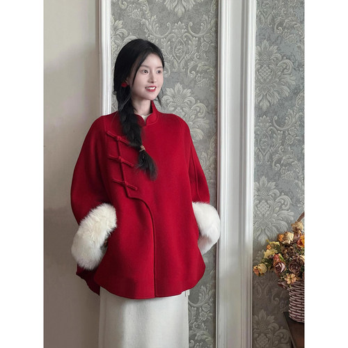 爵莱菲大码新中式红色双面羊毛斗篷大衣女高级感千金名媛狐狸毛