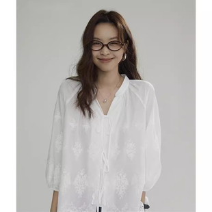 爵莱菲大码 女高级感小众百搭衬衣 早秋重工刺绣蕾丝边棉感白衬衫