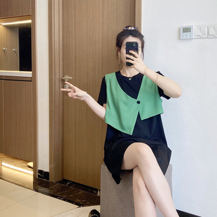 气质 减龄女遮肚显瘦连衣裙2024年新款 休闲裙子假两件胖mm大码 夏装