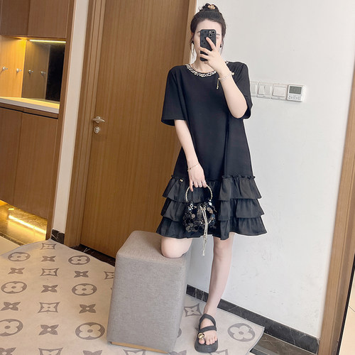 法式蓬蓬蛋糕裙连衣裙子女夏季大码胖mm黑色荷叶边显瘦2026新款