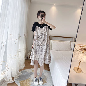 大码仙女裙胖妹妹显瘦不规则雪纺碎花宽松假两件2025遮肚连衣裙夏