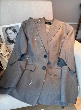爵莱菲高级感重工钉钻精致灰色大码西装外套女法式复古小西服