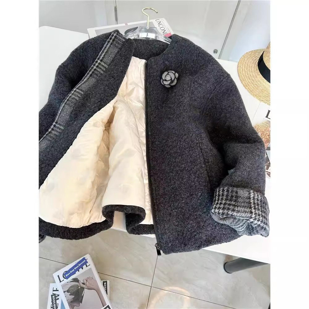 爵莱菲大码小香风外套女冬季法式高级感中长款羊毛呢羽绒服上衣