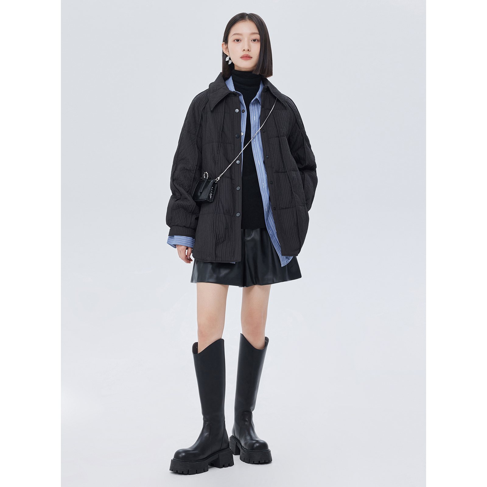 爵莱菲大码90白鸭绒翻领保暖外套高级肌理坑条暗扣衬衫式羽绒服女