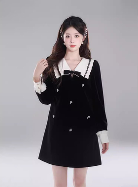 爵莱菲大码富家千金黑色丝绒连衣裙女娃娃领直筒裙秋冬季法式