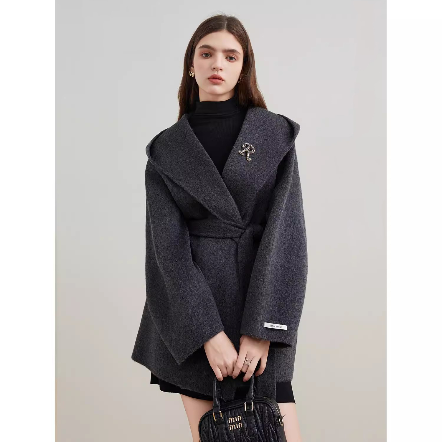 爵莱菲大码10%山羊绒高端灰色连帽双面羊绒大衣女小个子浴袍短款