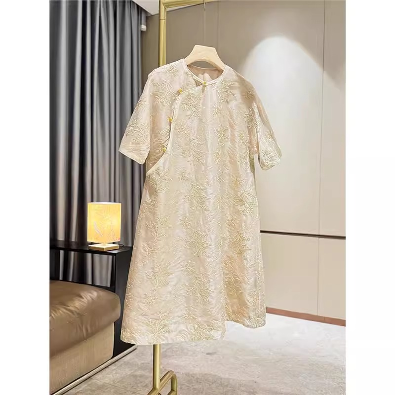 爵莱菲大码中国风短袖连衣裙女高级感圆领斜襟宽松显瘦裙子