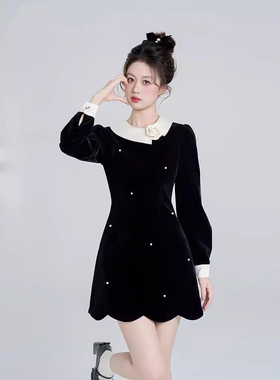 爵莱菲大码赫本风黑色丝绒长袖连衣裙女富家千金风重工气质a字