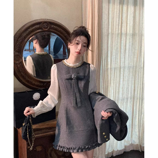 爵莱菲大码胖mm秋冬miu系假两件毛呢连衣裙女短款裙子小香风