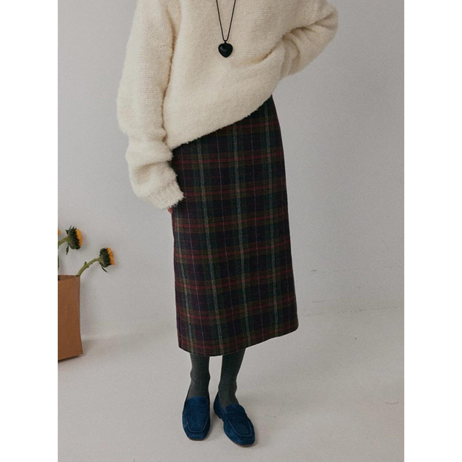 爵莱菲大码经典格纹高腰半身裙女秋冬季羊毛中长款百搭毛呢直筒裙