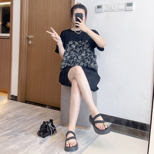 法式连衣裙女装2025新款夏装假两件中长款圆领短袖夏天大码胖mm