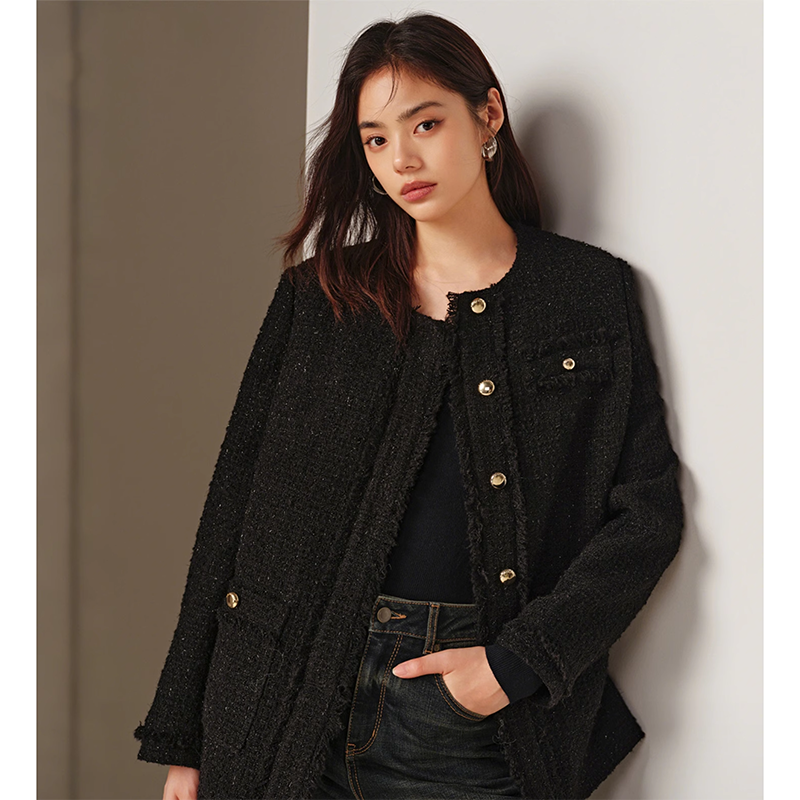 爵莱菲大码小香风肌理外套箱型显瘦羊毛毛边小香风短外套女羽绒服